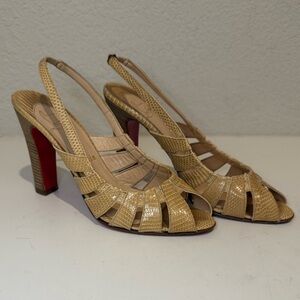 Christian Louboutin Beige Nude Lizard Slingback Strappy Sandals Block Heel 40.5